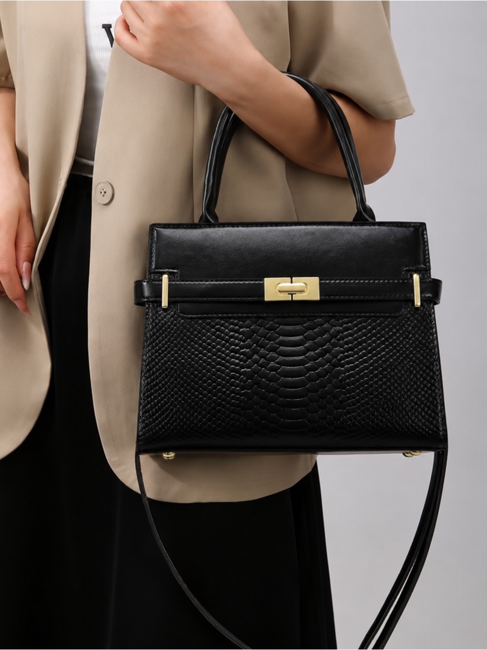 Classic Black Faux Leather Textured Top-Handle Shoulder Bag